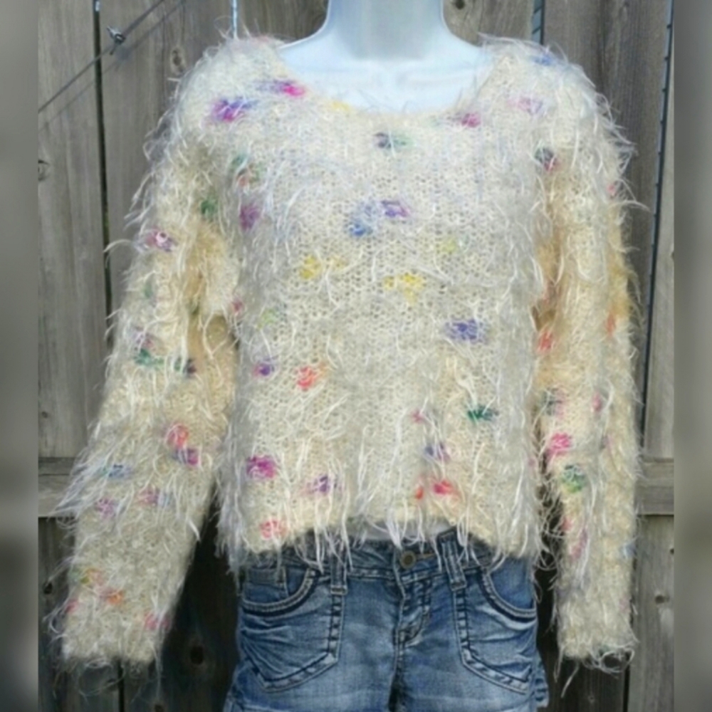 Vintage Eyelash Sweater with Colorful Rainbow Dots